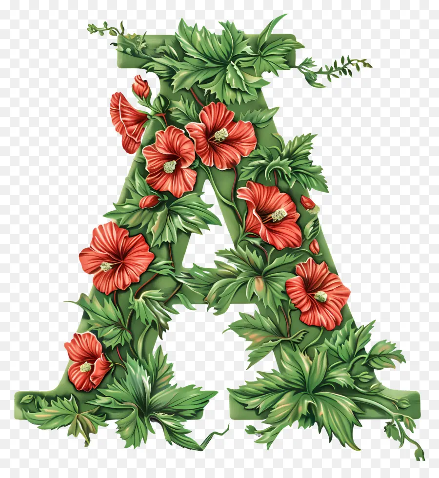 Lettre A，Lettre Verte A Avec Des Fleurs PNG