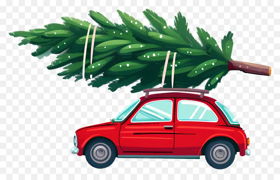 Sapin De Noël Sur Voiture，Voiture Rouge Avec Arbre De Noël PNG