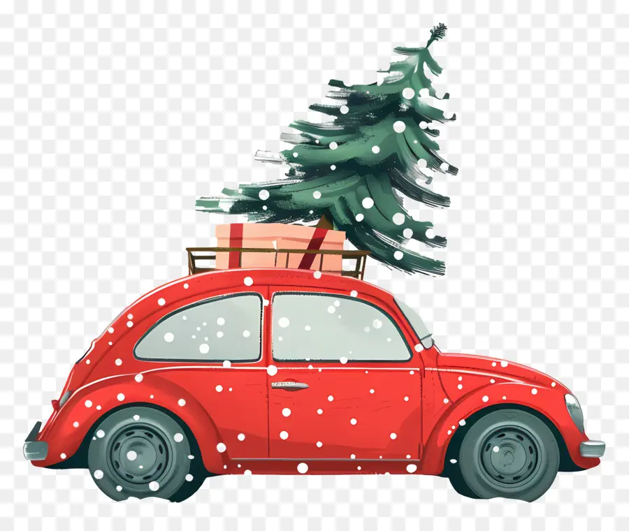 Arbre De Noël Sur La Voiture，Voiture Rouge PNG