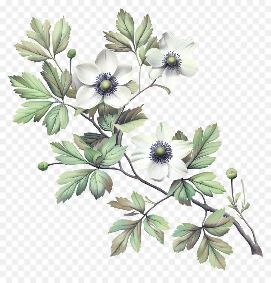 Fleurs D'anémone，Branche Avec Fleurs D'anémone Blanches PNG