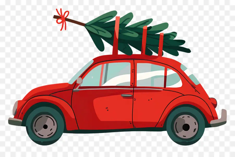 Sapin De Noël Sur Voiture，Voiture Rouge PNG