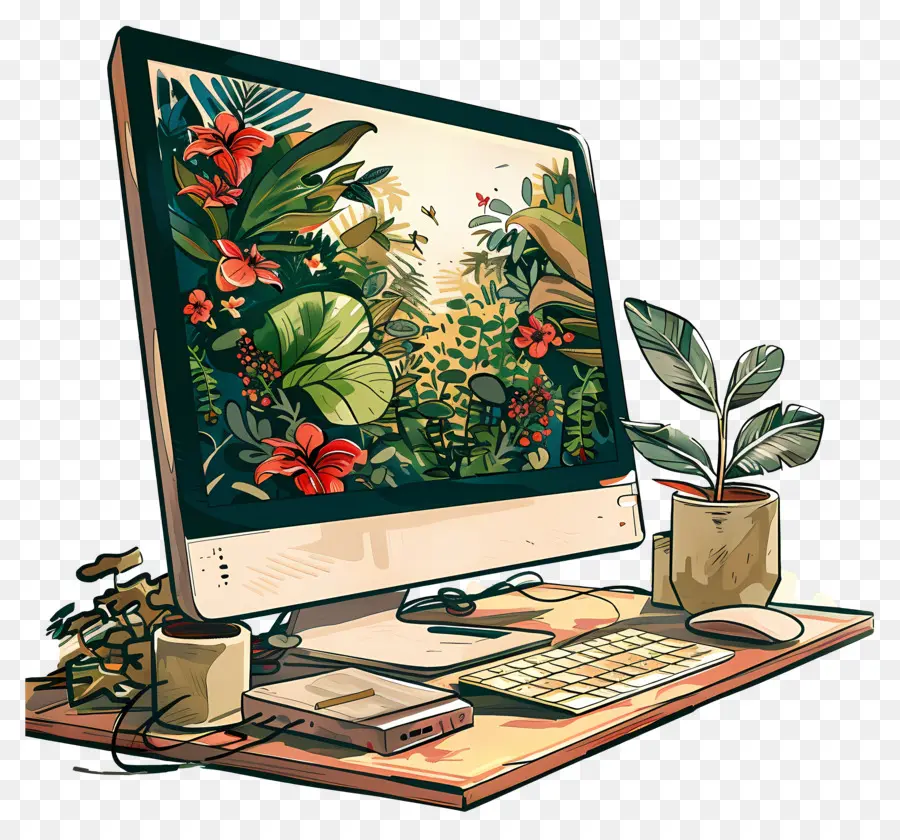 Moniteur D'ordinateur，Ordinateur Avec Des Plantes PNG