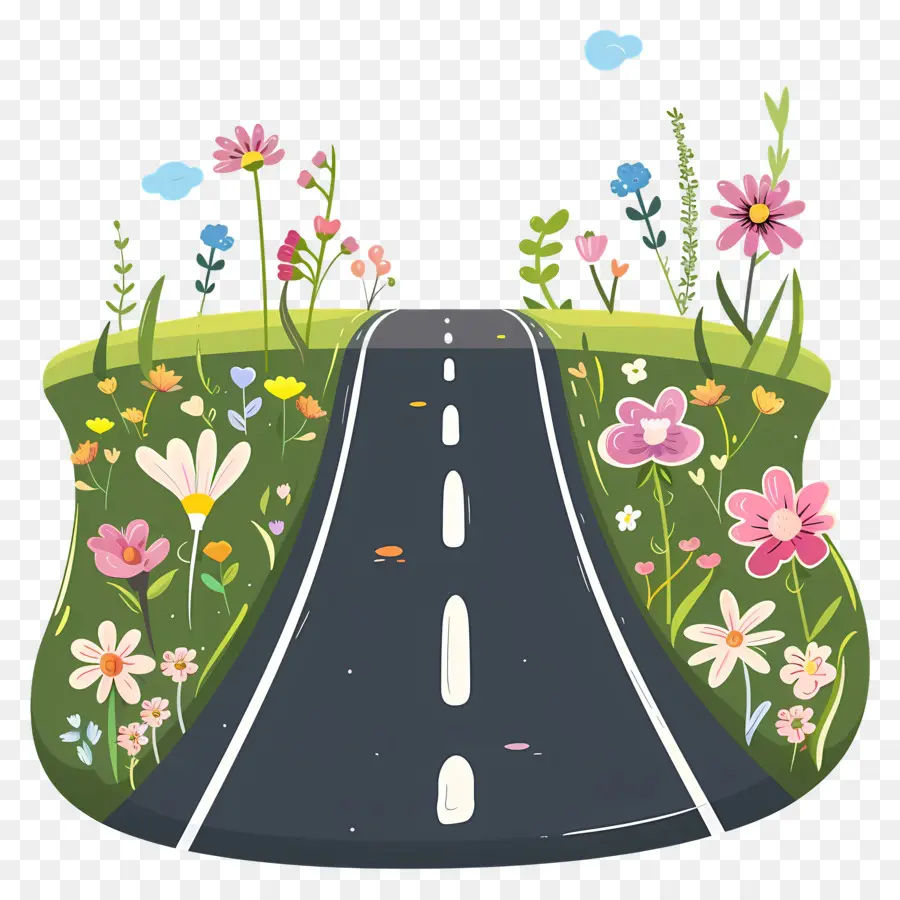 Route Asphaltée，Route Avec Des Fleurs PNG