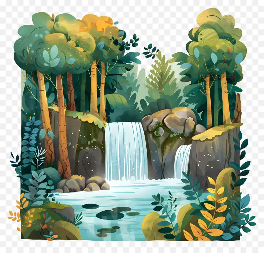 Forêt Avec Une Cascade，Chute D'eau PNG