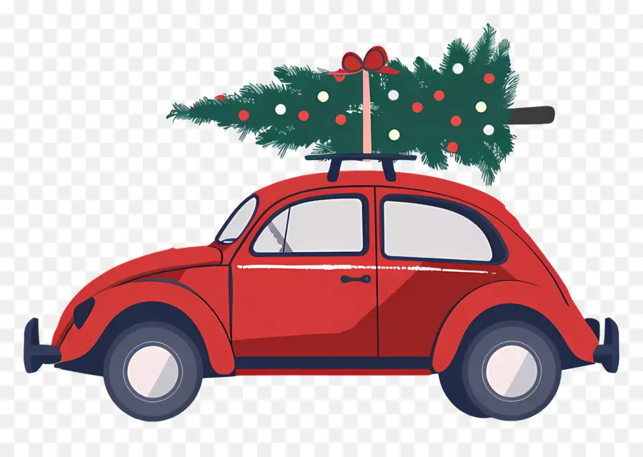 Sapin De Noël Sur Voiture，Voiture Rouge PNG