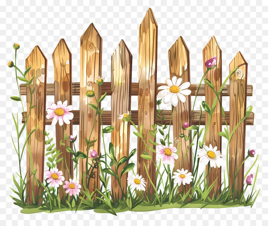 Clôture De Jardin，Clôture En Bois Avec Des Fleurs PNG