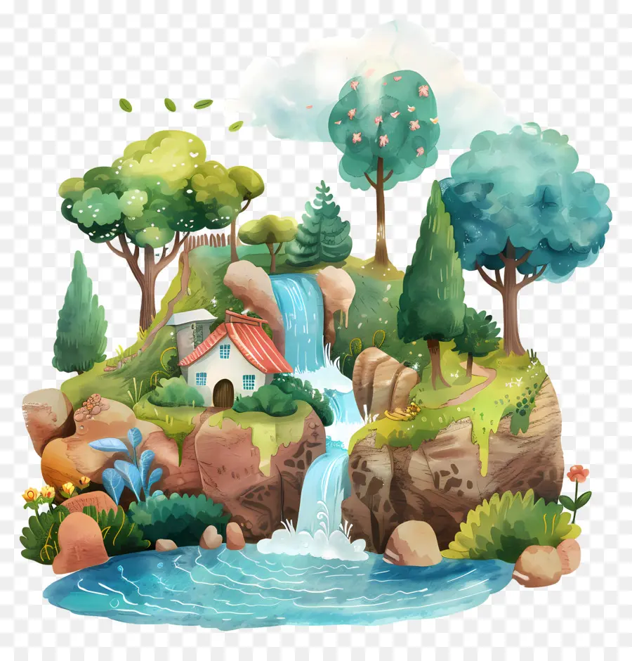 Forêt Avec Cascade，Cascade PNG