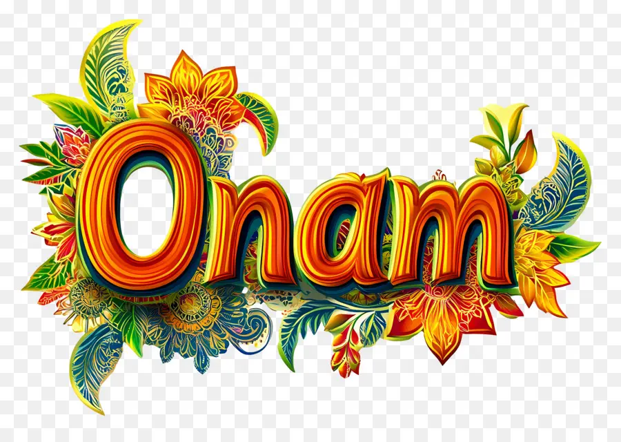 Onam，Texte Onam Avec Des Fleurs PNG