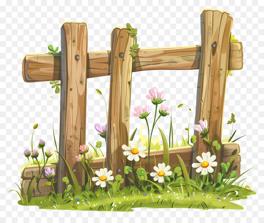 Clôture De Ferme，Clôture En Bois Avec Des Fleurs PNG