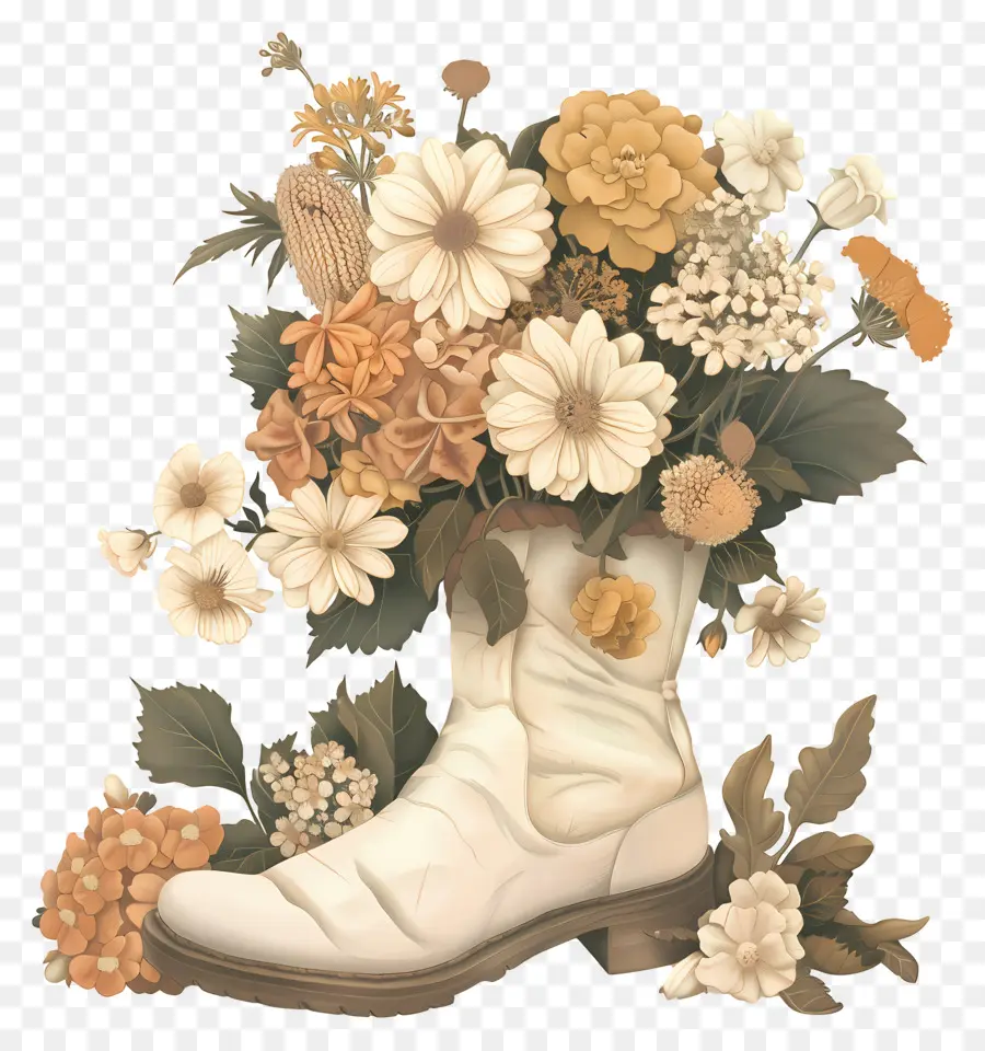 Fleurs En Botte，Botte Blanche Avec Des Fleurs PNG