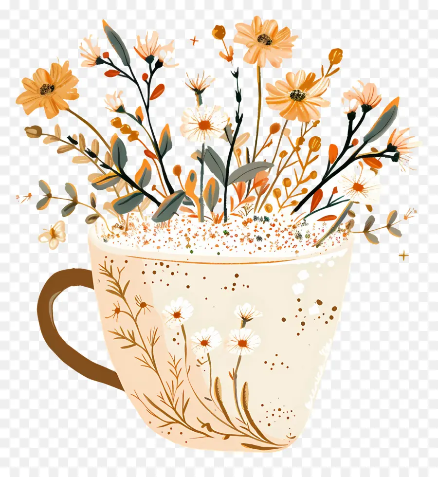 Café Crème，Tasse Avec Des Fleurs PNG