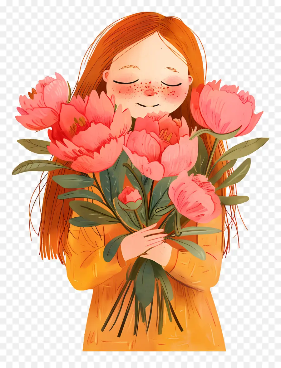 Fille Tenant Du Bouquet，Fille Avec Des Fleurs PNG