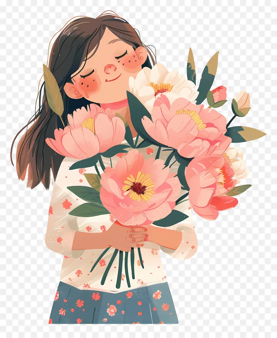 Fille Tenant Du Bouquet，Fille Avec Des Fleurs PNG