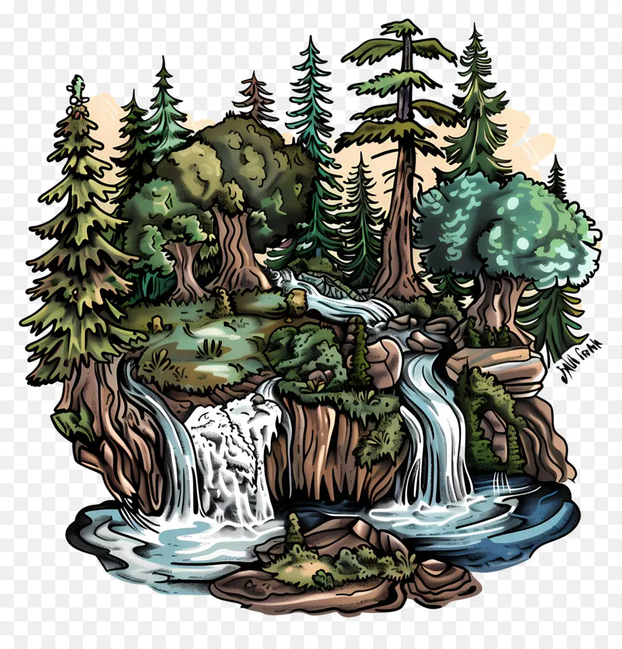 Forêt Avec Une Cascade，Chute D'eau PNG