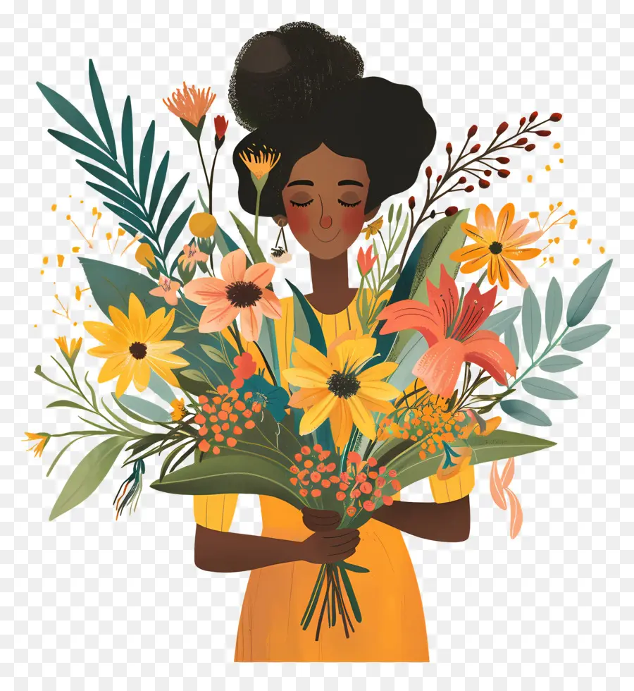 Femme Tenant Un Bouquet，Femme Aux Fleurs PNG