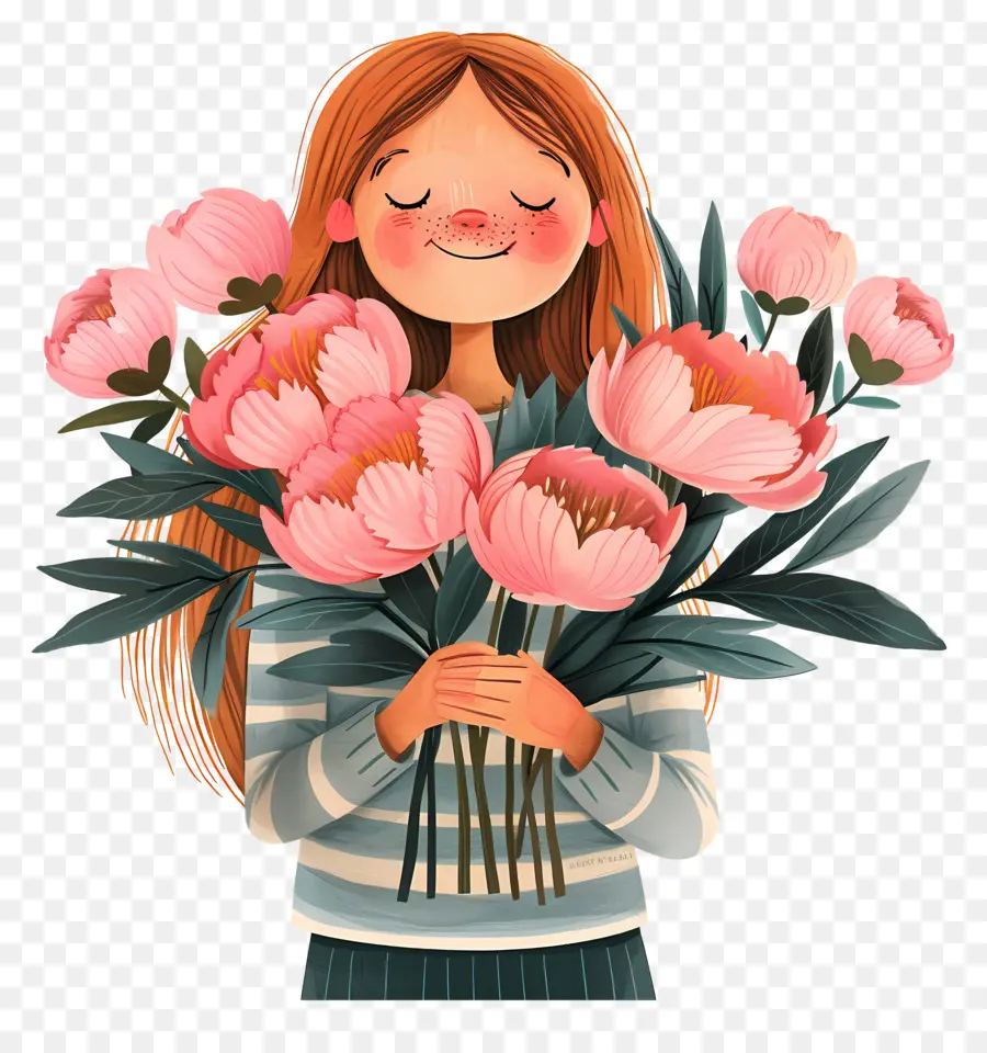 Fille Tenant Du Bouquet，Fille Avec Des Fleurs PNG