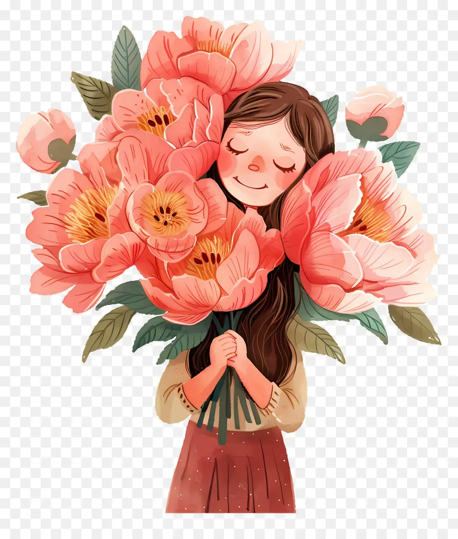 Fille Tenant Du Bouquet，Fille Avec Des Fleurs PNG