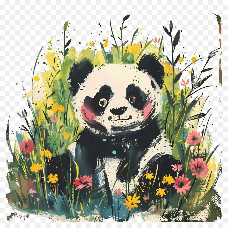 Panda，Panda Avec Des Fleurs PNG