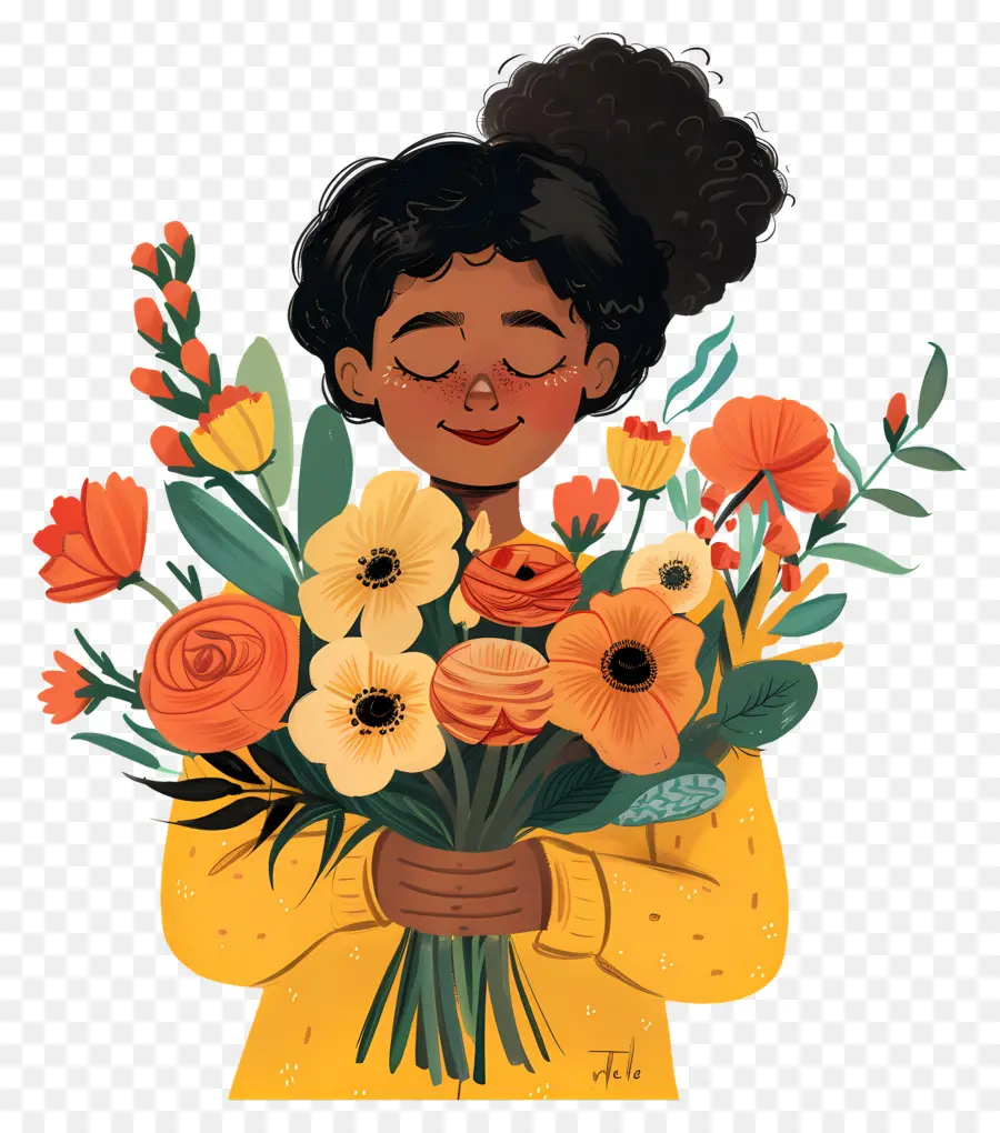 Femme Tenant Un Bouquet，Fille Avec Des Fleurs PNG