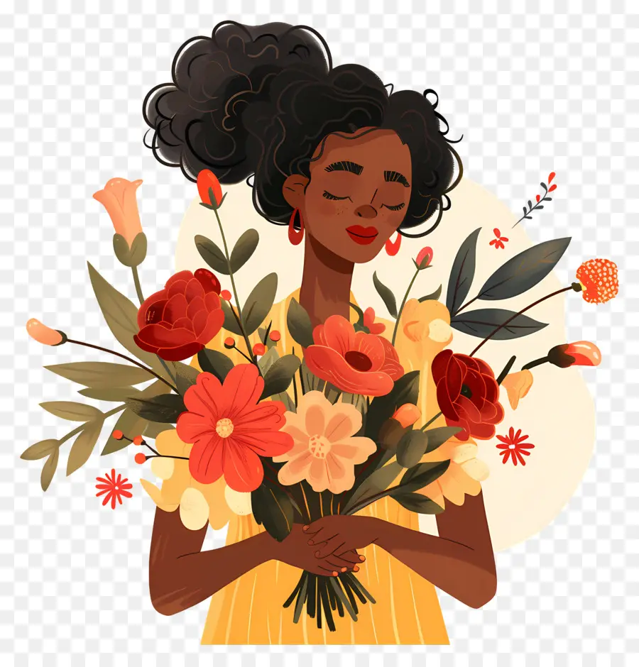 Femme Tenant Un Bouquet，Femme Avec Des Fleurs PNG