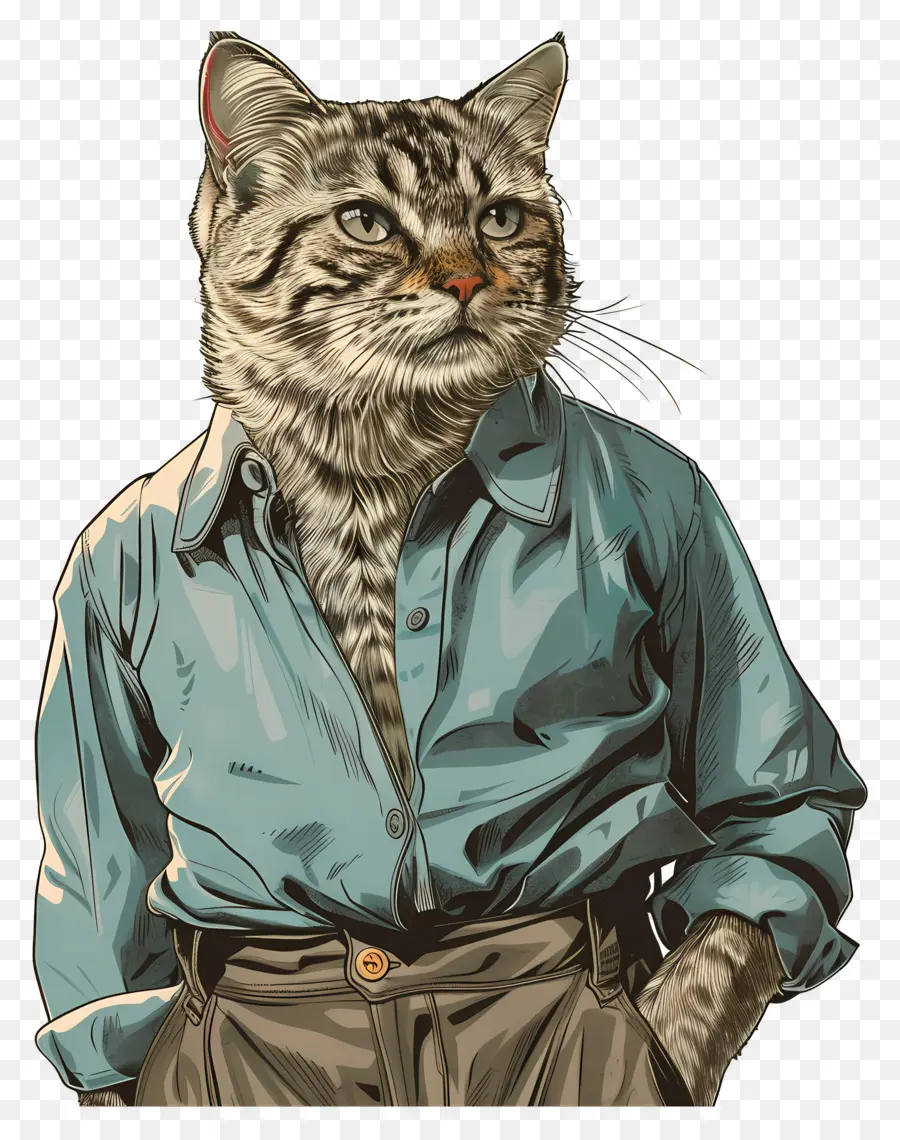 Chat De Dessin Animé，Chat En Chemise Bleue PNG