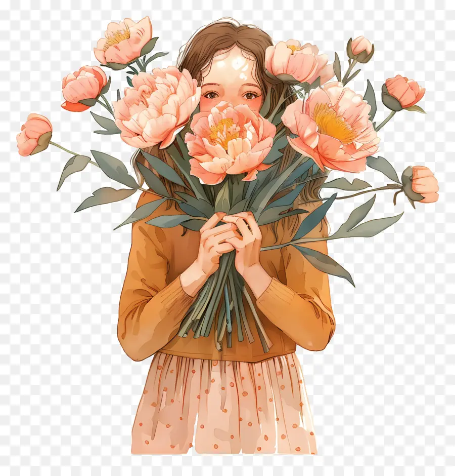 Fille Tenant Un Bouquet，Fille Avec Des Fleurs PNG