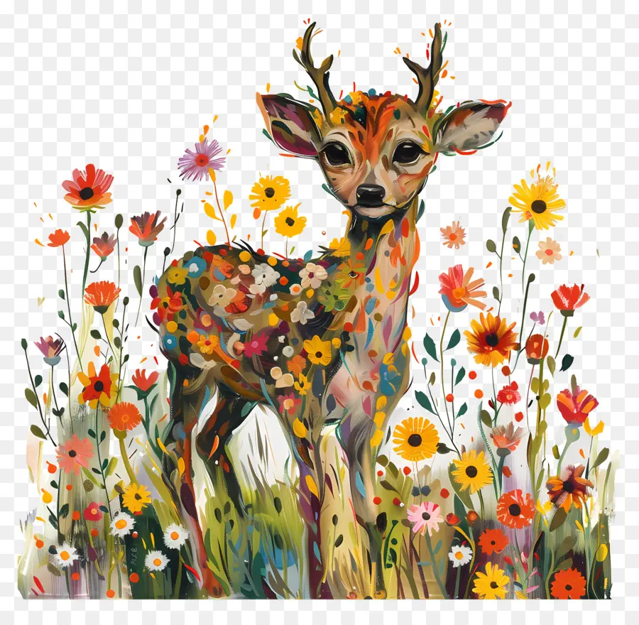 Cerf，Cerf Avec Des Fleurs PNG