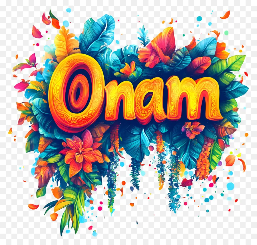 Onam，Texte Onam Avec Fond Floral PNG