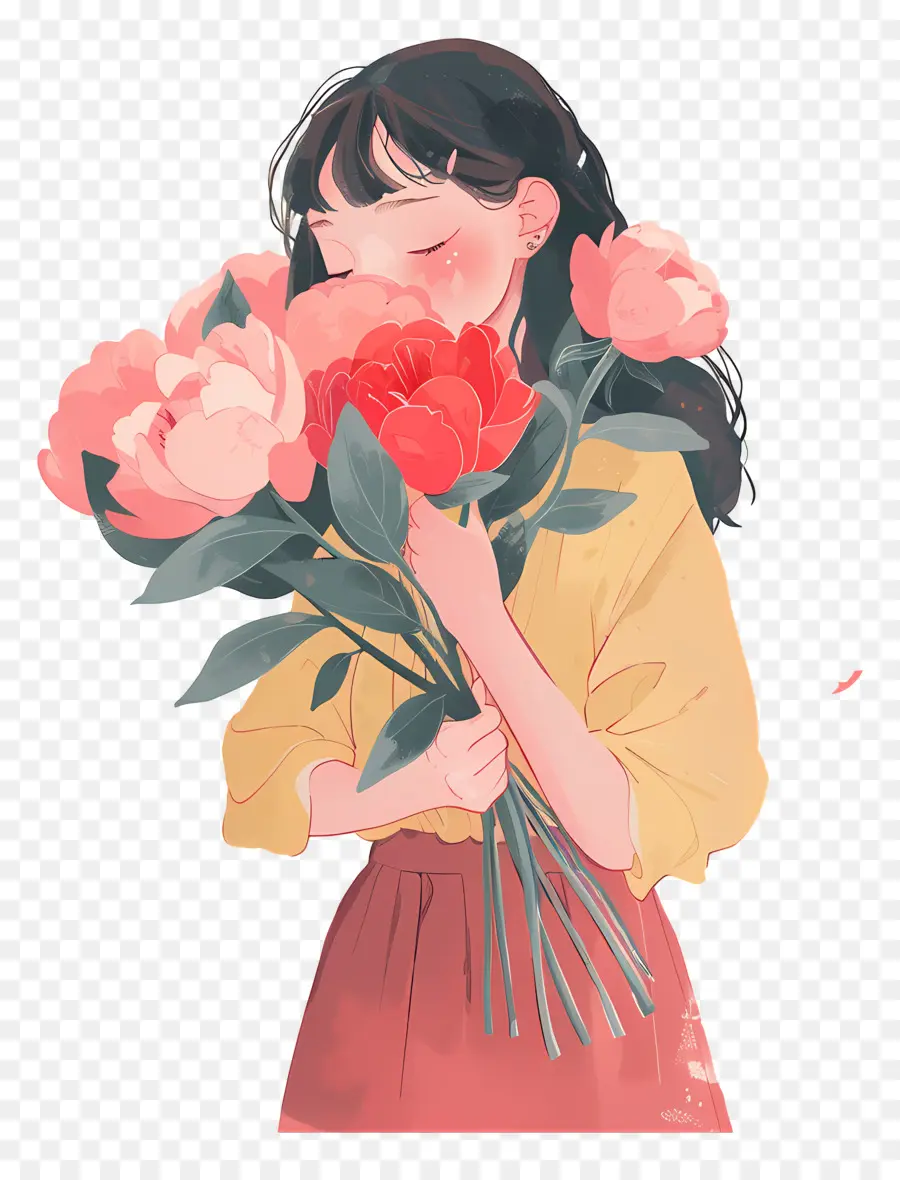 Fille Tenant Du Bouquet，Fille Avec Des Fleurs PNG