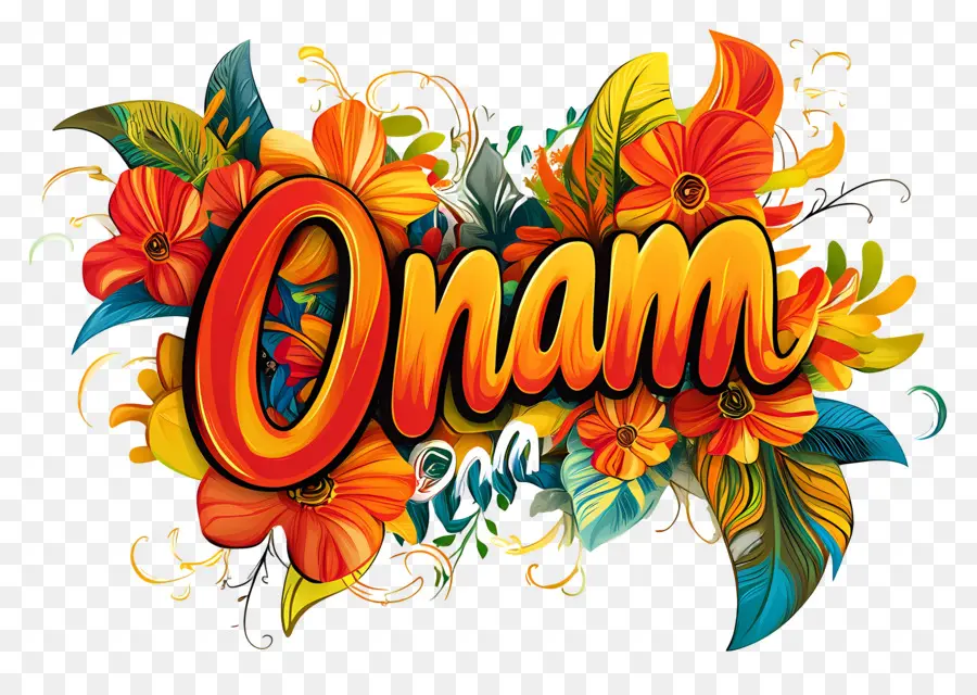 Onam，Texte Onam Avec Des Fleurs PNG