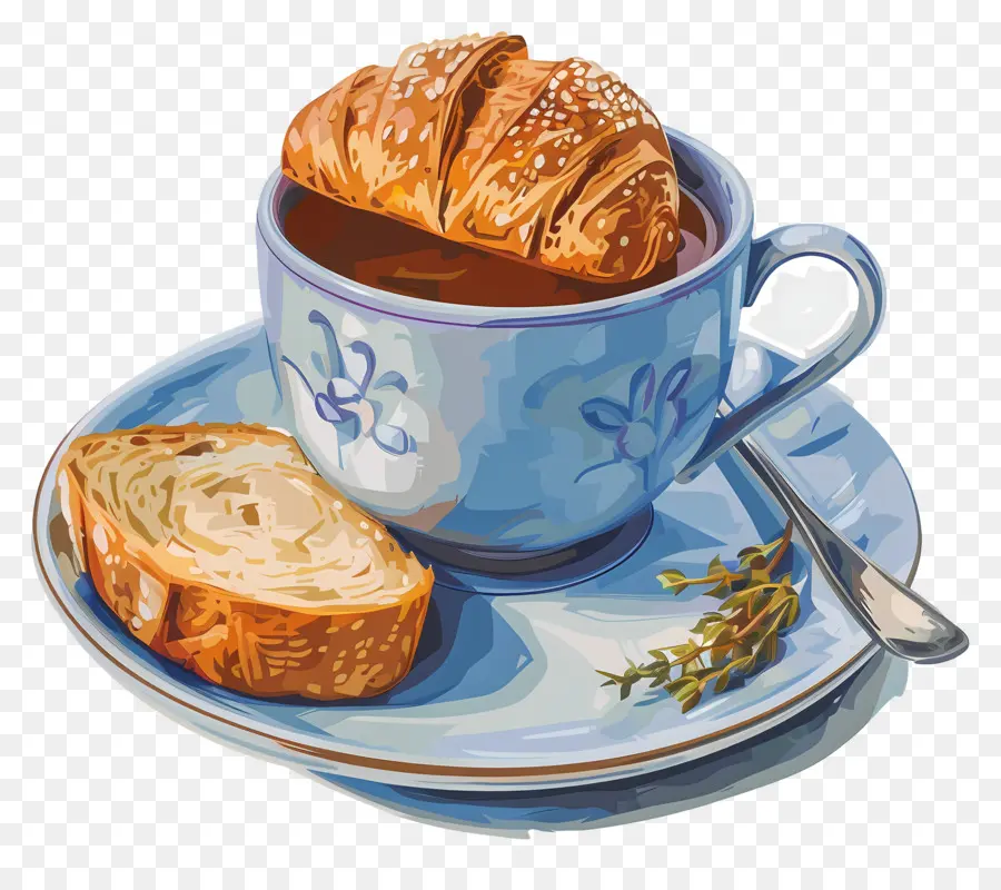 Thé Et Pain，Tasse Avec Du Pain Et Un Croissant PNG