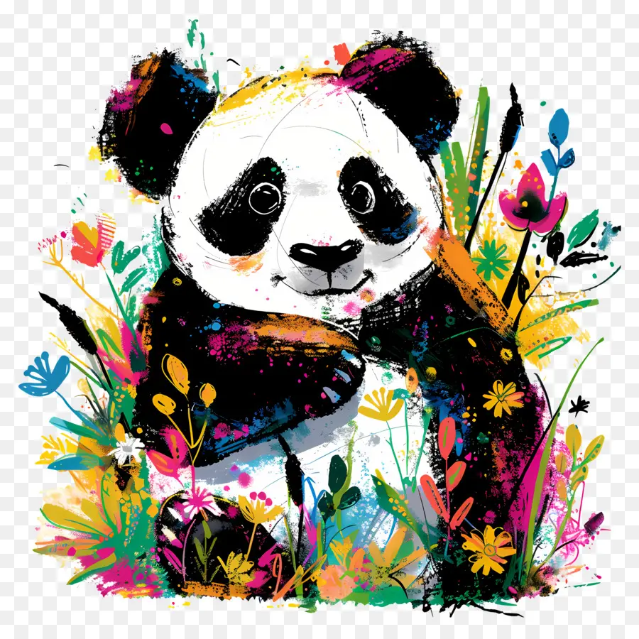 Panda，Panda Avec Des Fleurs PNG