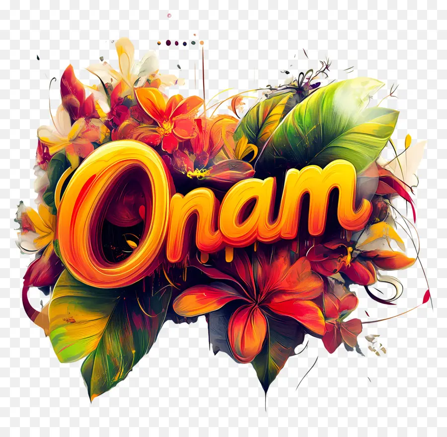 Onam，Texte Onam Avec Fond Floral PNG