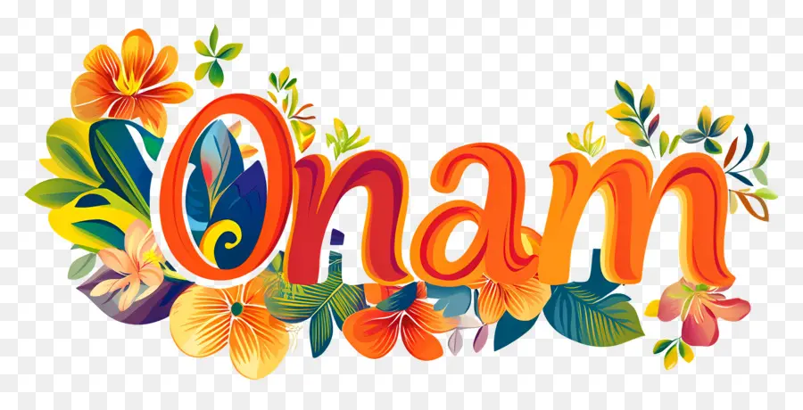 Onam，Texte Onam Avec Des Fleurs PNG