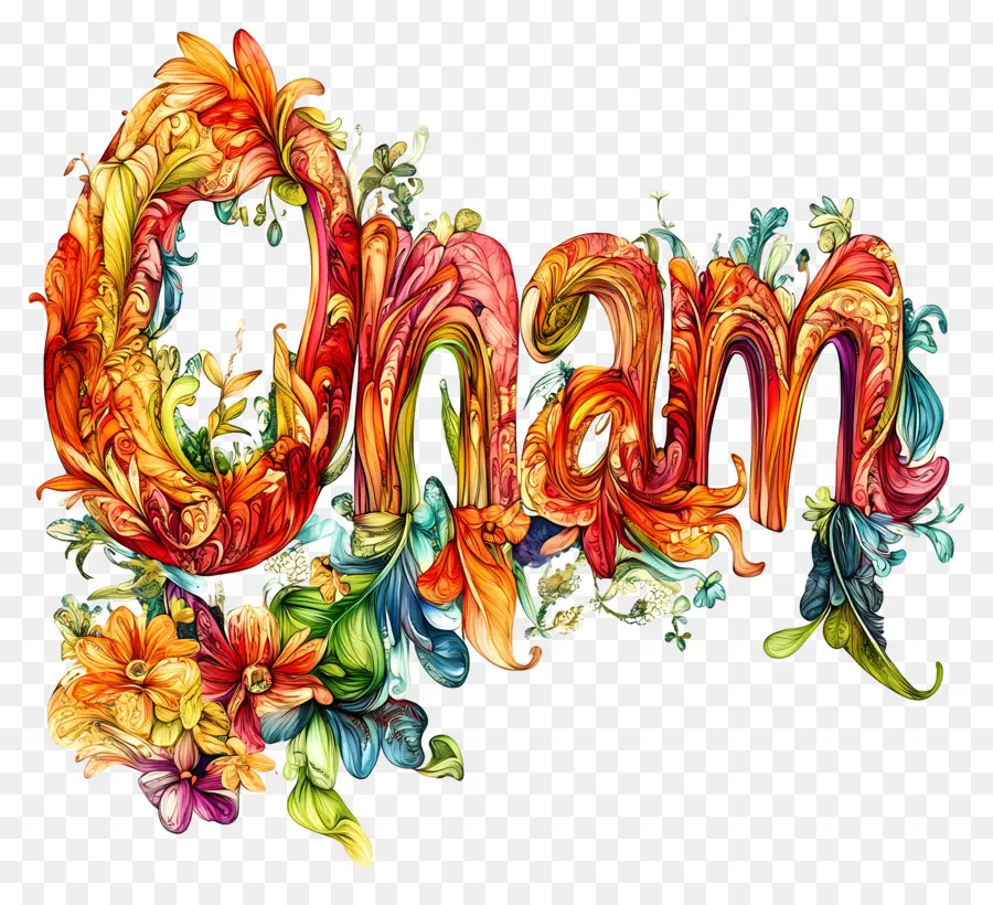 Onam，Texte Onam Avec Motif Floral PNG