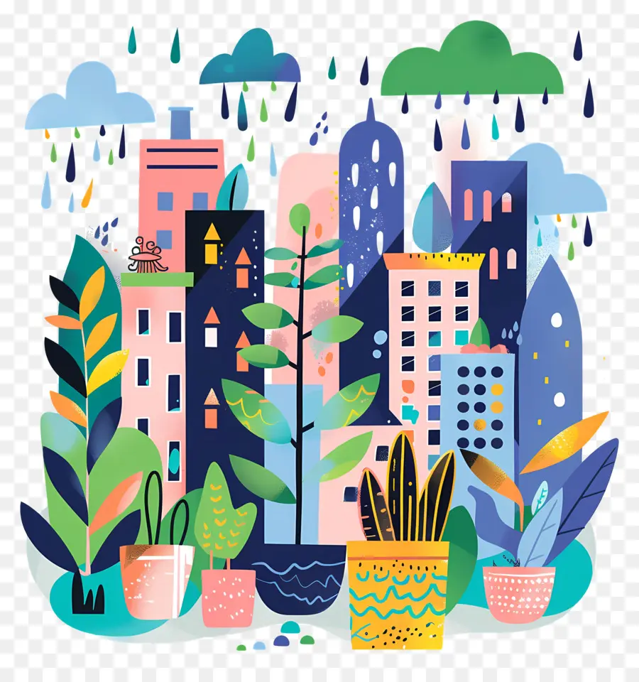 Paysage Urbain De Pluie，Paysage Urbain Avec Des Plantes PNG