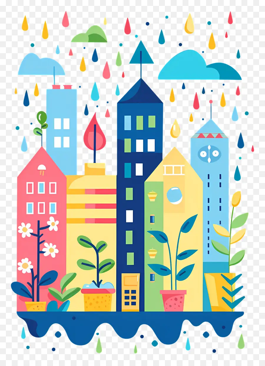 Paysage Urbain De Pluie，Ville Haute En Couleur PNG