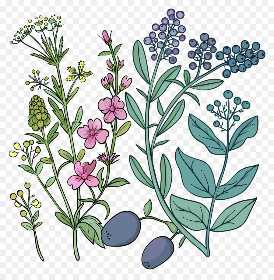 Herbes Et Baies，Herbes Et Baies Illustrées PNG