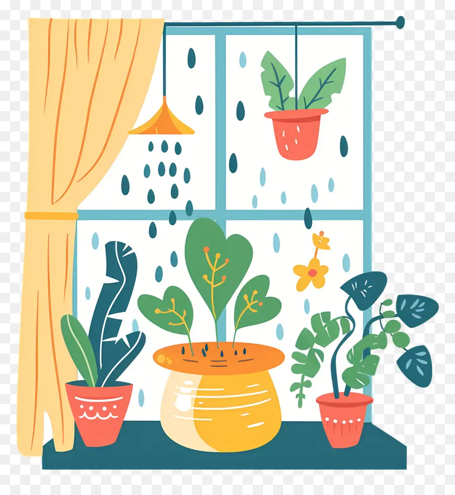 Pluie Sur La Fenêtre，Plantes En Pot PNG