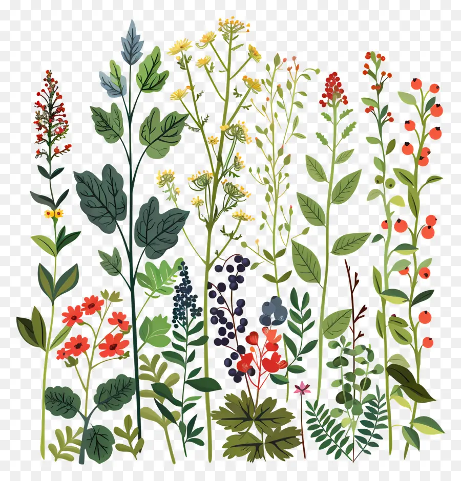 Herbes Et Baies，Illustration Florale PNG