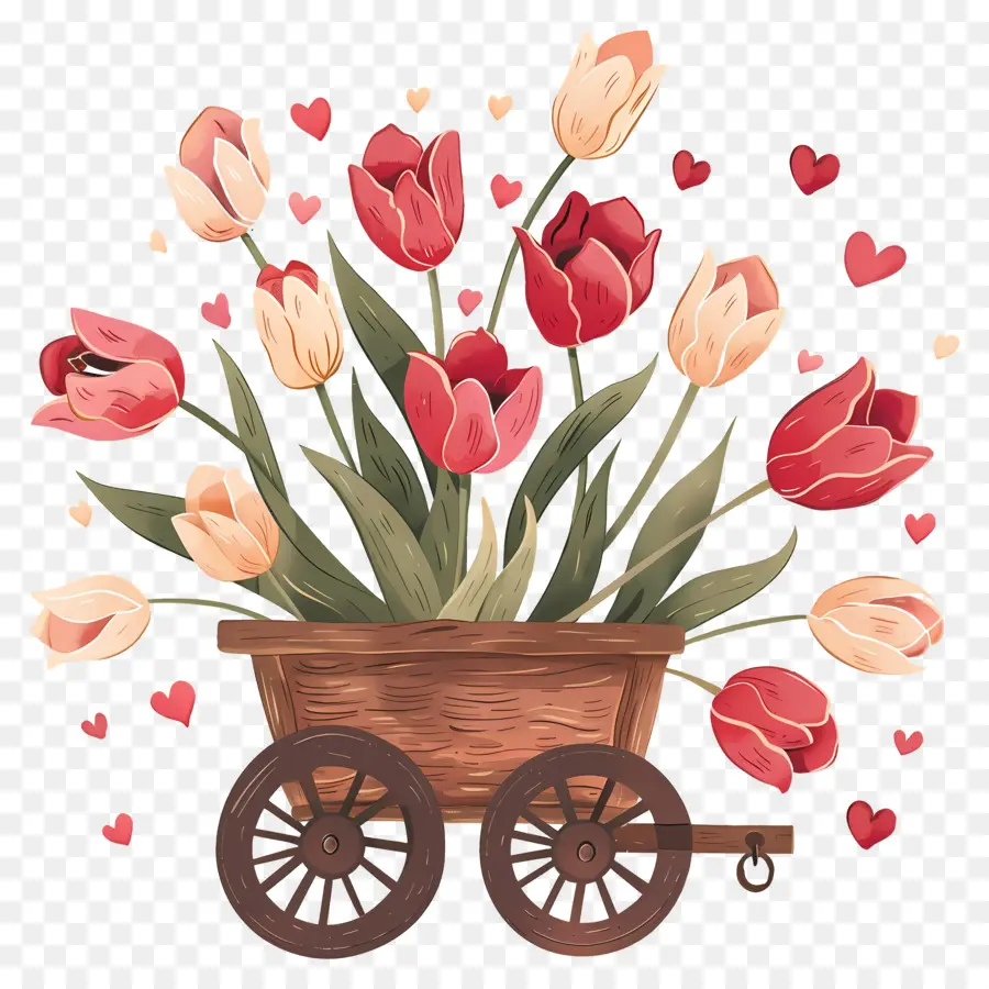 Tulipes，Tulipes Rouges Dans Un Chariot En Bois PNG