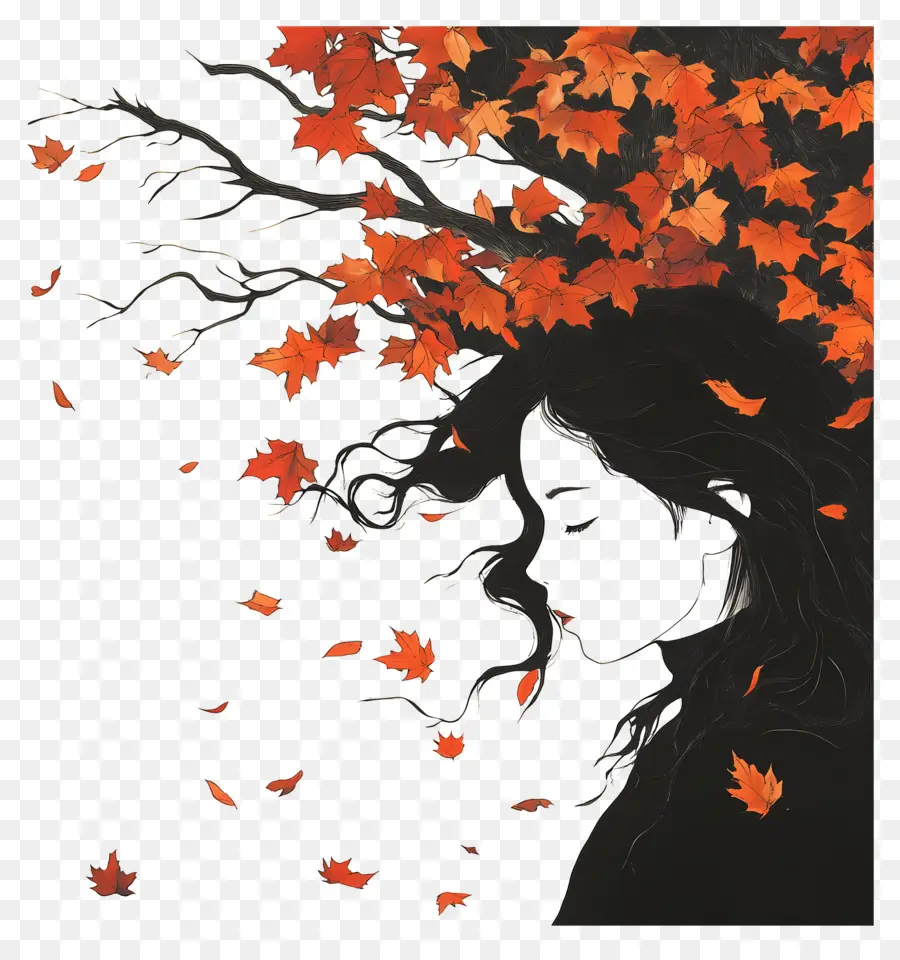 L'automne Commence，Femme Avec Des Feuilles D'automne PNG