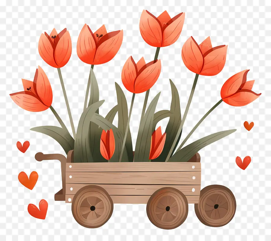 Tulipes，Tulipes Rouges Dans Un Chariot En Bois PNG