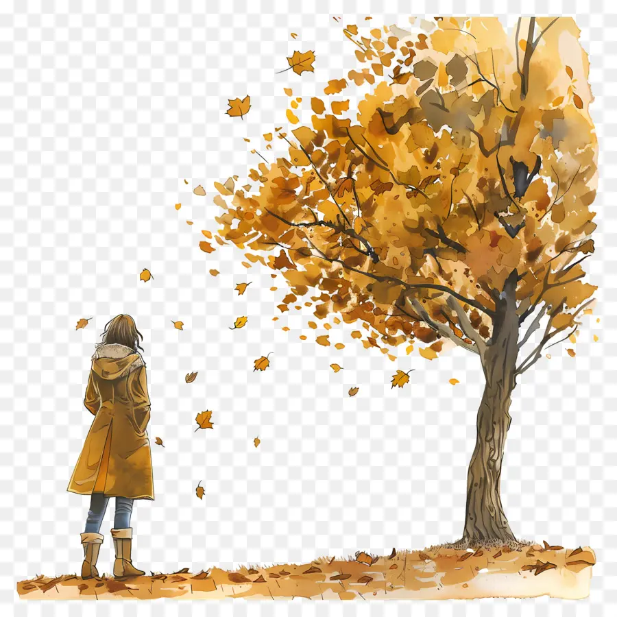 Femme En Journée D'automne，Femme Et Arbre PNG