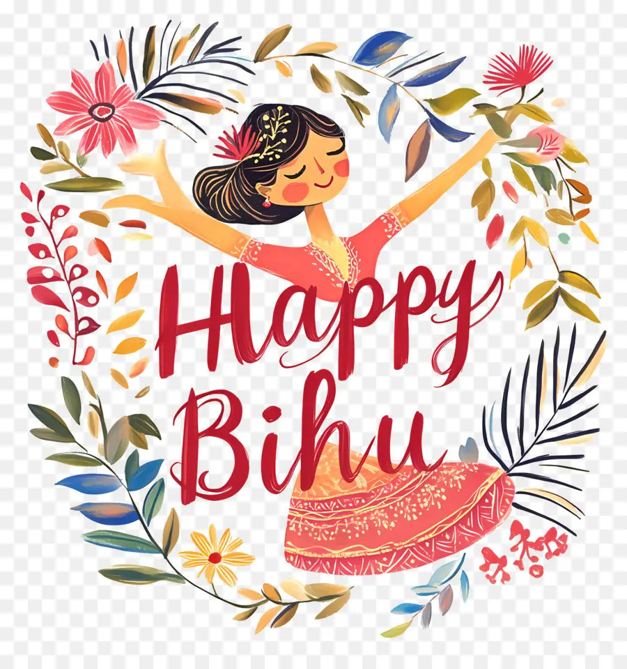 Joyeux Bihu，Texte Happy Bihu Avec Motif Floral PNG