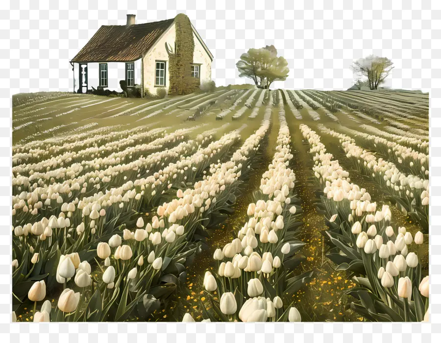 Ferme，Maison Et Champ De Tulipes PNG