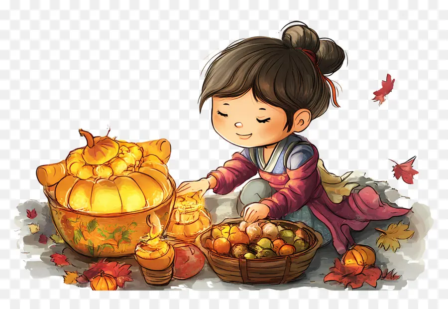 Fête De La Mi Automne，Fille Avec Récolte PNG