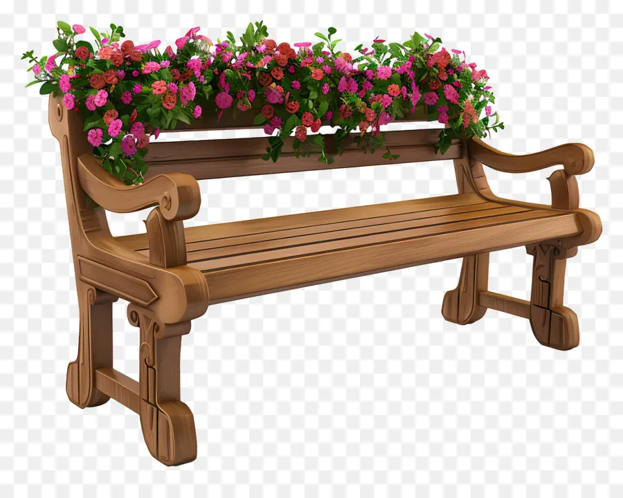 Banc En Bois，Banc Avec Des Fleurs PNG