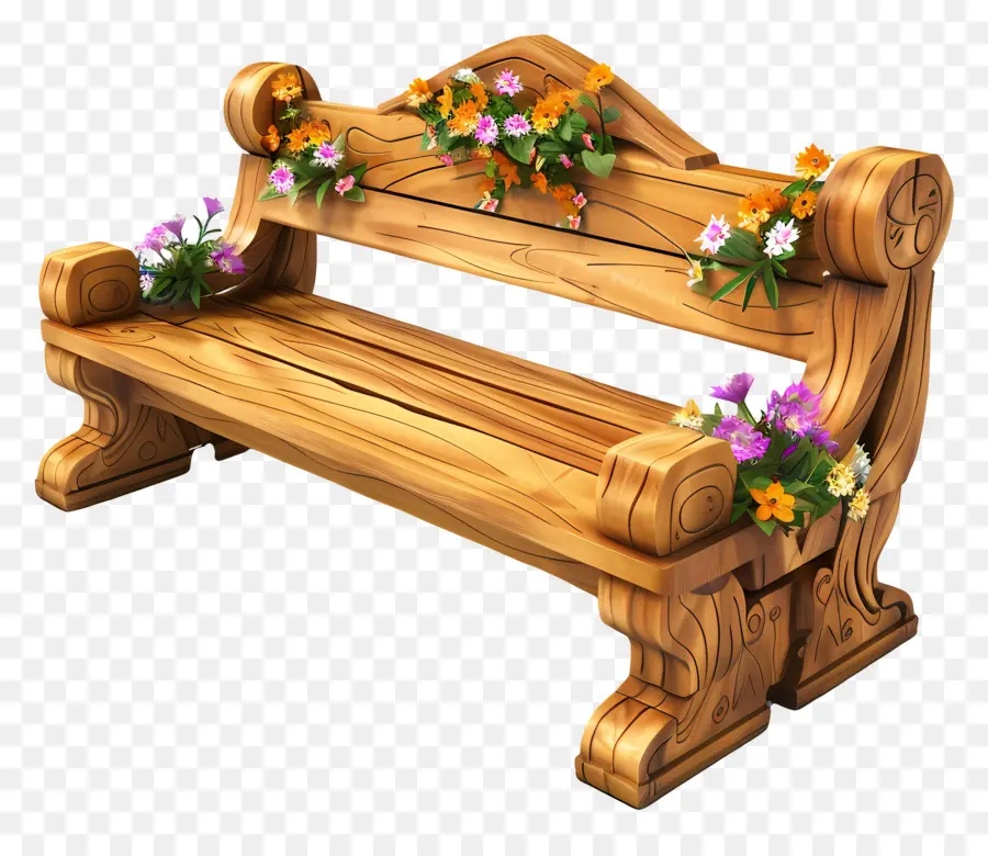 Banc En Bois，Banc Avec Des Fleurs PNG