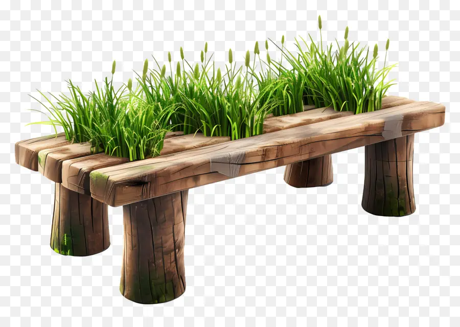 Banc En Bois，Banc En Bois Avec Herbe PNG